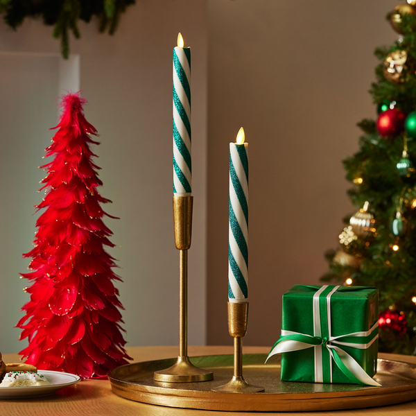 luminara Green Candy Cane Glitter Stripe Flameless Candle Tapers - Set of 2