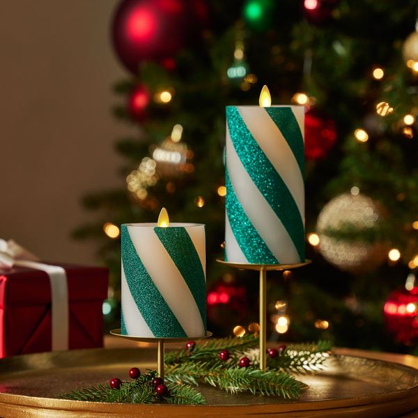 Luminara Green Candy Cane Wide Glitter Stripe Flameless Candle Pillar