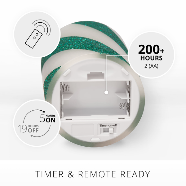 Luminara Green Candy Cane Wide Glitter Stripe Flameless Candle Pillar