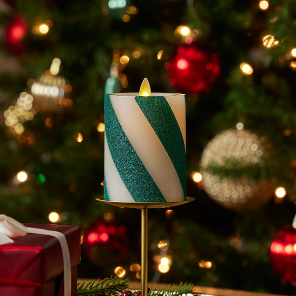 luminara Green Candy Cane Wide Glitter Stripe Flameless Candle Pillar luminara Green Candy Cane Wide Glitter Stripe Flameless Candle Pillar