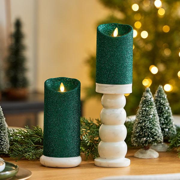 Luminara Holiday Green Glitter Flameless Candle Pillar