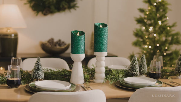 Luminara Holiday Green Glitter Flameless Candle Pillar