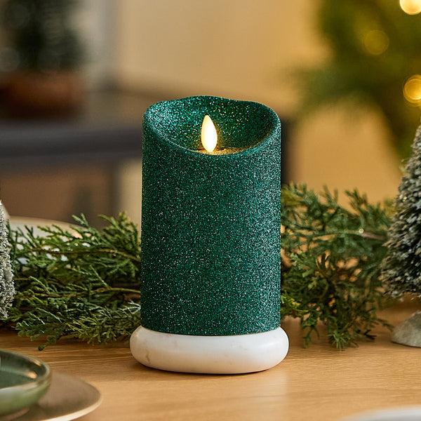 luminara Holiday Green Glitter Flameless Candle Pillar