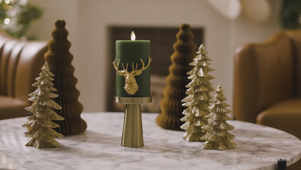 Luminara Holiday Green Reindeer Flameless Candle Pillar