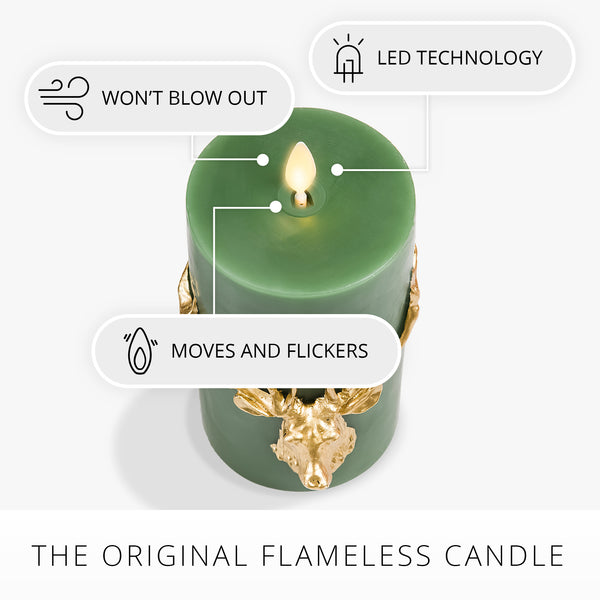 Luminara Holiday Green Reindeer Flameless Candle Pillar