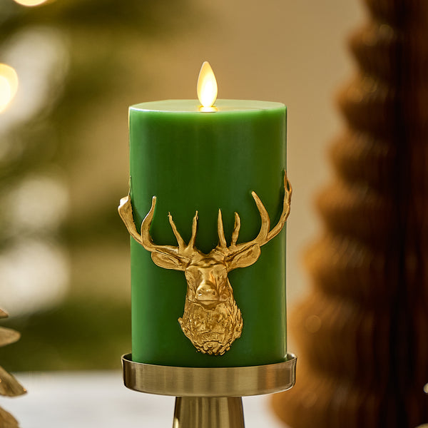 luminara Holiday Green Reindeer Flameless Candle Pillar