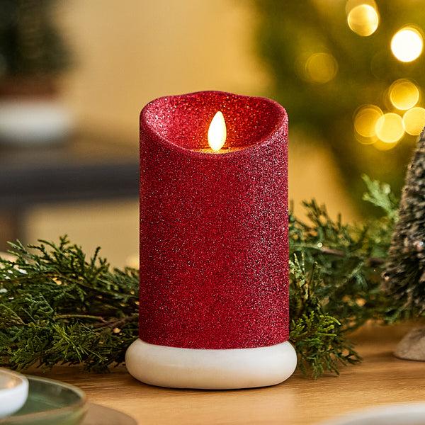luminara Holiday Red Glitter Flameless Candle Pillar