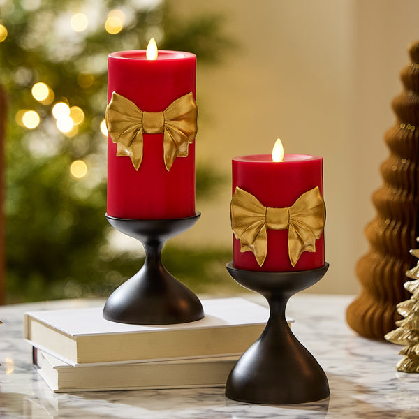 Luminara Holiday Red With Gold Bow Flameless Candle Pillar