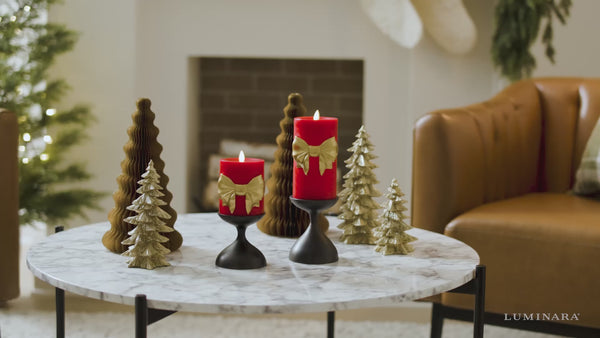 Luminara Holiday Red With Gold Bow Flameless Candle Pillar