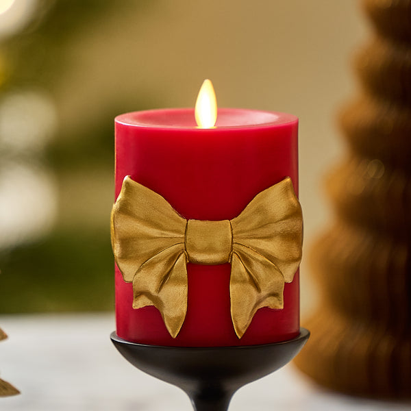 luminara Holiday Red with Gold Bow Flameless Candle Pillar
