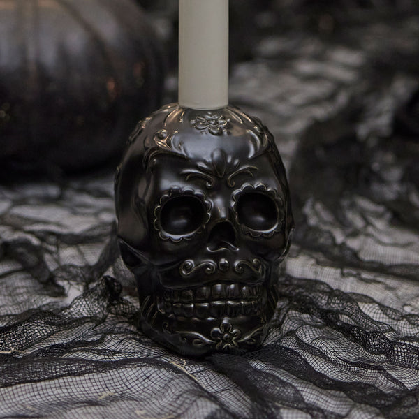 luminara Black Day of the Dead Skull Taper Holder