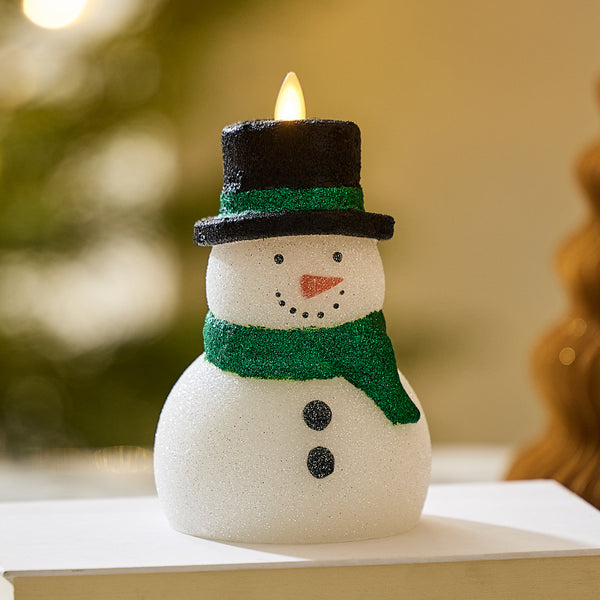 luminara White Glitter Flameless Candle Snowman