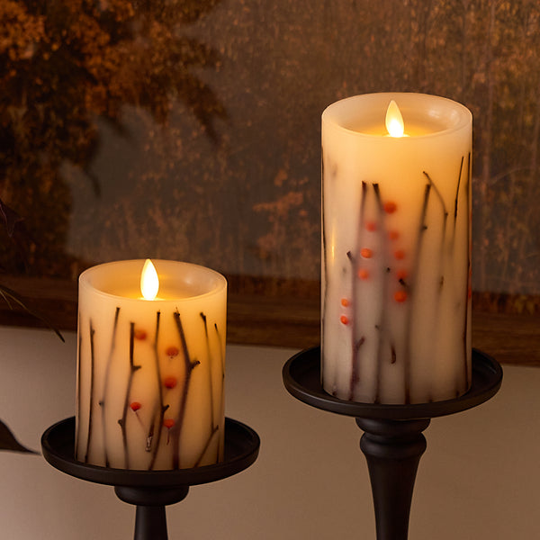 Luminara Pearl Ivory Embedded Orange Berries & Twigs Flameless Candle Pillar
