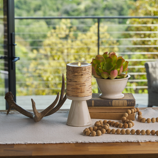 luminara Real Birch Wood Flameless Candle Pillar - Recessed Top - 4" Width