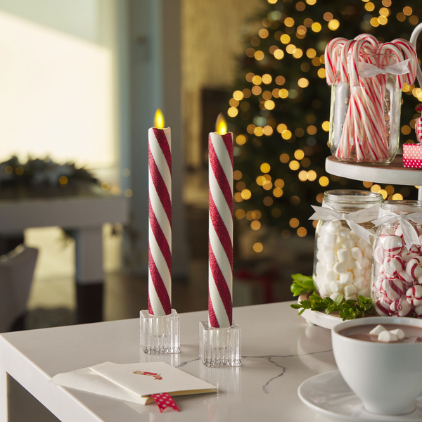 Luminara Red Candy Cane Glitter Stripe White Flameless Candle Tapers - Set Of 2