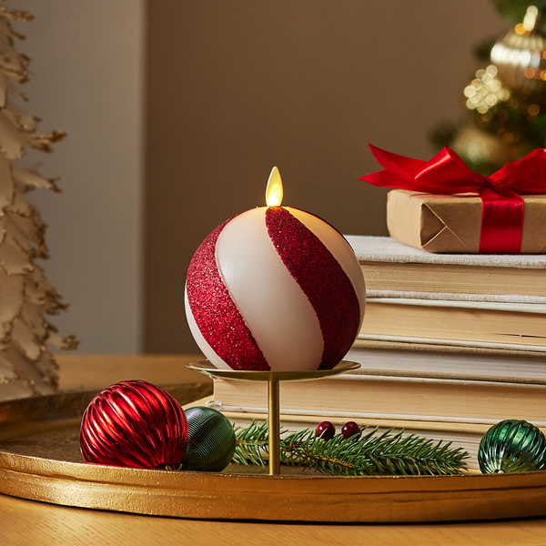Luminara Red Candy Cane Glitter Stripe White Flameless Candle Sphere