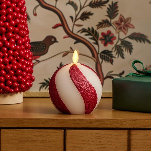 luminara Red Candy Cane Glitter Stripe White Flameless Candle Sphere