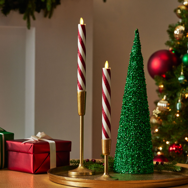 luminara Red Candy Cane Glitter Stripe White Flameless Candle Tapers - Set of 2