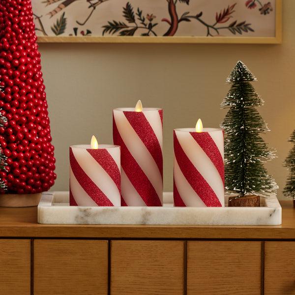 Luminara Red Candy Cane Wide Glitter Stripe White Flameless Candle Pillar