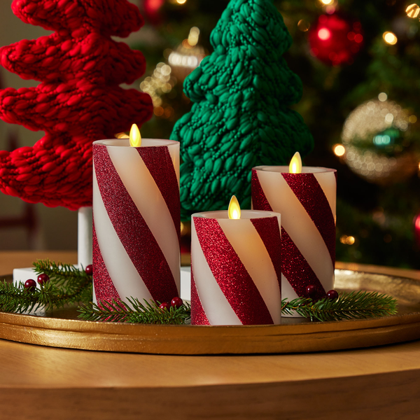 Luminara Red Candy Cane Wide Glitter Stripe White Flameless Candle Pillar