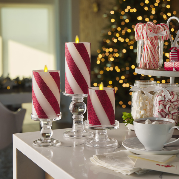 Luminara Red Candy Cane Wide Glitter Stripe White Flameless Candle Pillar