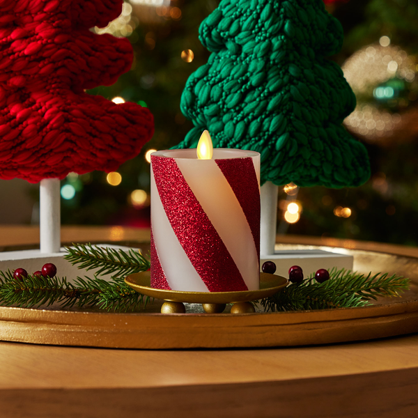 luminara Red Candy Cane Wide Glitter Stripe White Flameless Candle Pillar luminara Red Candy Cane Wide Glitter Stripe White Flameless Candle Pillar