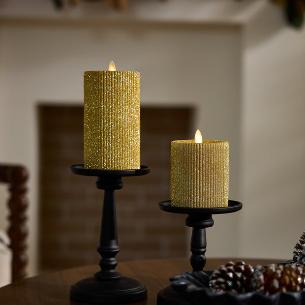Luminara Rich Gold Glitter Ribbed Flameless Candle Pillar