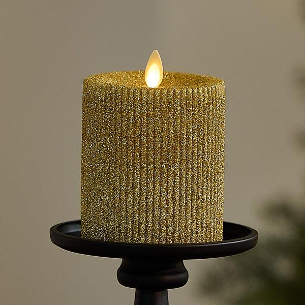 luminara Rich Gold Glitter Ribbed Flameless Candle Pillar