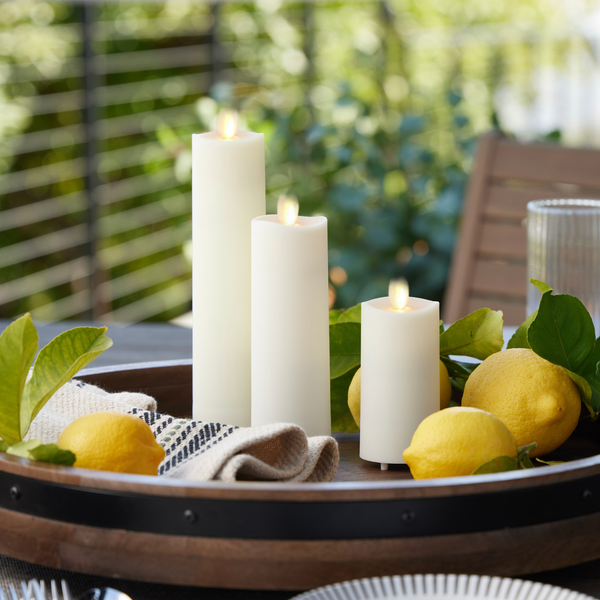 Luminara Set Of 3 Pearl Ivory Outdoor Flameless Candle Slim Pillars With Remote - Melted Top