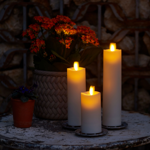 Luminara Set Of 3 Pearl Ivory Outdoor Flameless Candle Slim Pillars With Remote - Melted Top