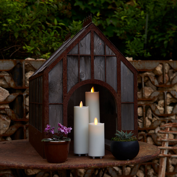 Luminara Set Of 3 Pearl Ivory Outdoor Flameless Candle Slim Pillars With Remote - Melted Top