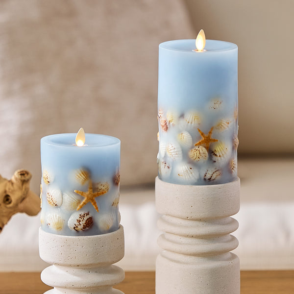 Luminara Soft Chambray Embedded Seashell & Starfish Flameless Candle Pillars