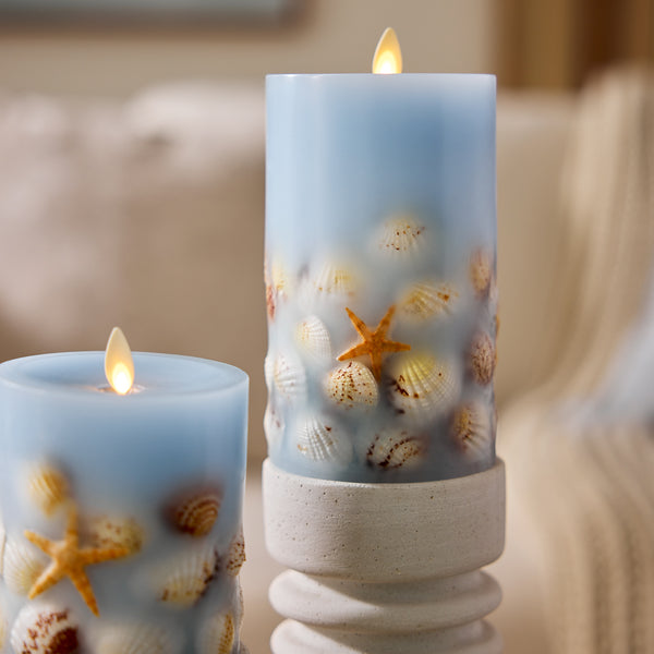 Luminara Soft Chambray Embedded Seashell & Starfish Flameless Candle Pillars