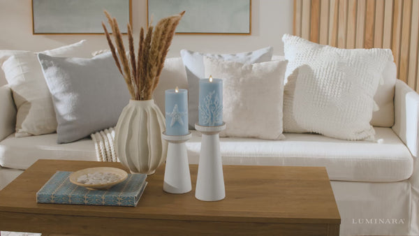 Luminara Soft Chambray Embossed Coral Flameless Candle Pillar