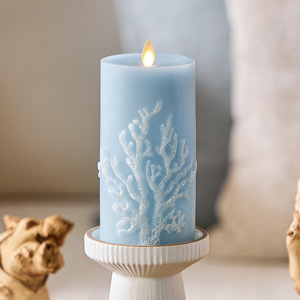 luminara Soft Chambray Embossed Coral Flameless Candle Pillar