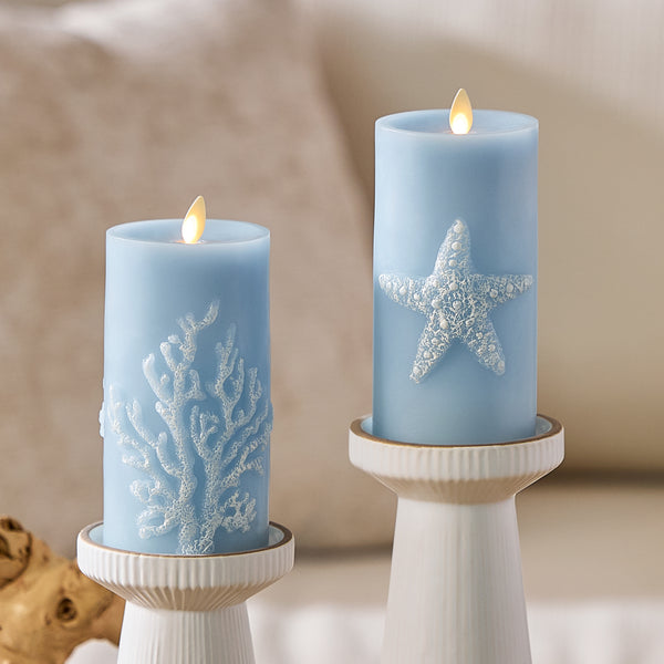 Luminara Soft Chambray Embossed Starfish Flameless Candle Pillar