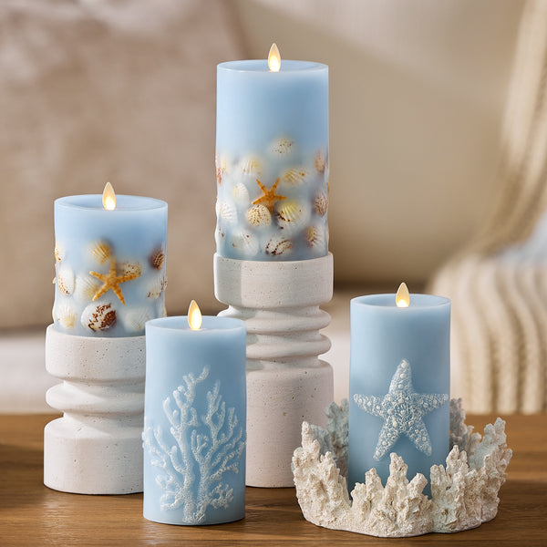 Luminara Soft Chambray Embossed Starfish Flameless Candle Pillar