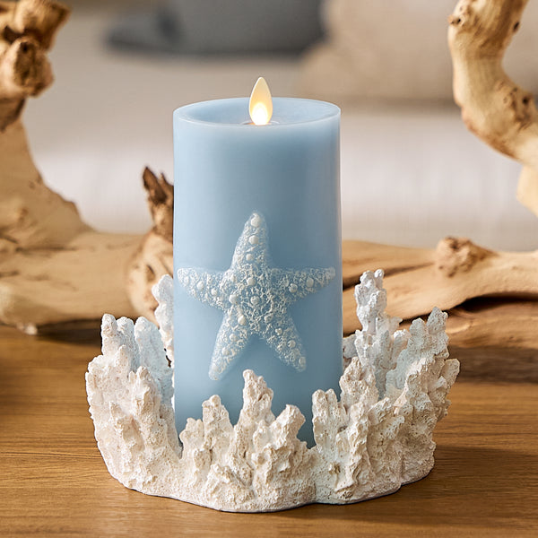 luminara Soft Chambray Embossed Starfish Flameless Candle Pillar