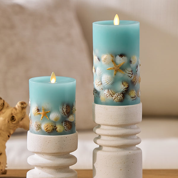 Luminara Soft Teal Embedded Seashell & Starfish Flameless Candle Pillar