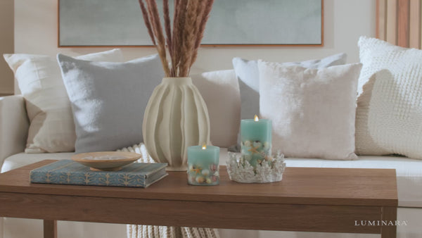Luminara Soft Teal Embedded Seashell & Starfish Flameless Candle Pillar