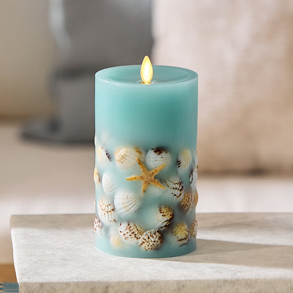 Luminara Soft Teal Embedded Seashell & Starfish Flameless Candle Pillar