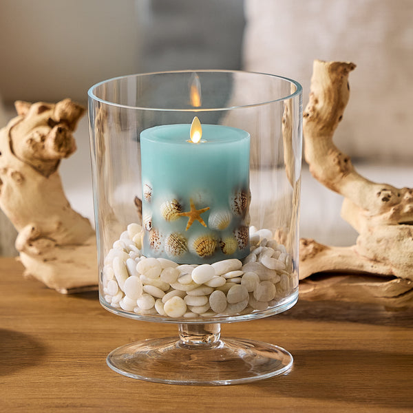 luminara Soft Teal Embedded Seashell & Starfish Flameless Candle Pillar