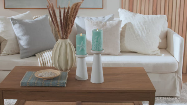 Luminara Soft Teal Embossed Coral Flameless Candle Pillar