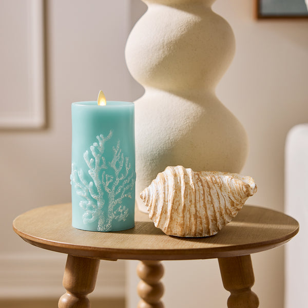 Luminara Soft Teal Embossed Coral Flameless Candle Pillar