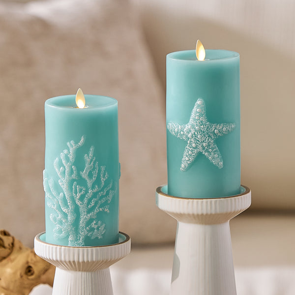 Luminara Soft Teal Embossed Coral Flameless Candle Pillar