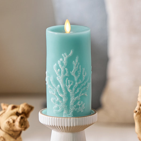 luminara Soft Teal Embossed Coral Flameless Candle Pillar
