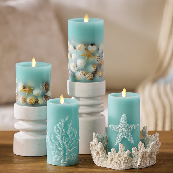 Luminara Soft Teal Embossed Starfish Flameless Candle Pillar