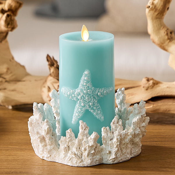 luminara Soft Teal Embossed Starfish Flameless Candle Pillar
