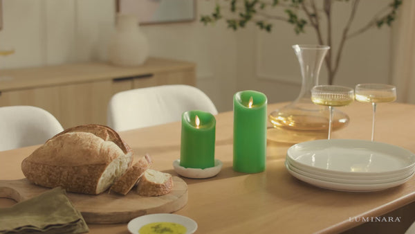 Luminara Vibrant Green Flameless Candle Pillar - Scallop Top - 3" Width