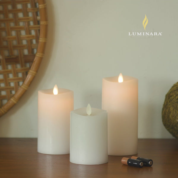 Luminara White Flameless Candle Pillars With Remote - Melted Top - Set Of 3